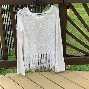 white open back fringe sweater